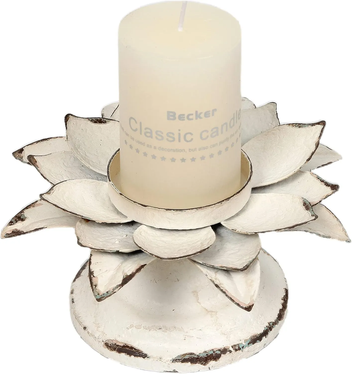 Rustic Pillar Candle Holder Metal- Lotus Flower Candle Holder- Antique Handmade Candlesticks Holder - White Candle Holders for Table Centerpiece - Shabby Chic Farmhouse Home Decor (6.3"X6.3"X3.3")