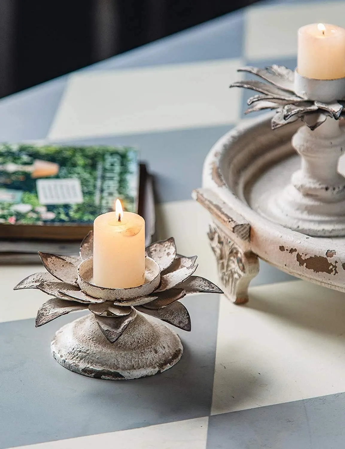 Rustic Pillar Candle Holder Metal- Lotus Flower Candle Holder- Antique Handmade Candlesticks Holder - White Candle Holders for Table Centerpiece - Shabby Chic Farmhouse Home Decor (6.3"X6.3"X3.3")
