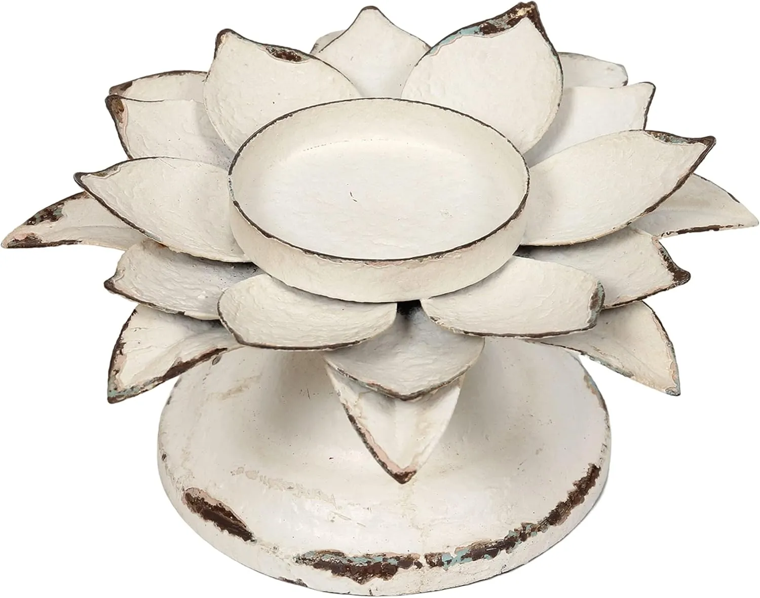 Rustic Pillar Candle Holder Metal- Lotus Flower Candle Holder- Antique Handmade Candlesticks Holder - White Candle Holders for Table Centerpiece - Shabby Chic Farmhouse Home Decor (6.3"X6.3"X3.3")