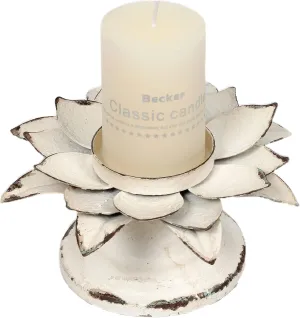 Rustic Pillar Candle Holder Metal- Lotus Flower Candle Holder- Antique Handmade Candlesticks Holder - White Candle Holders for Table Centerpiece - Shabby Chic Farmhouse Home Decor (6.3"X6.3"X3.3")