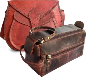 RUSTIC TOWN Leather Women Satchel & Leather Toiletry Bag - A Perfect Travel Essential Combo for Everyday Use