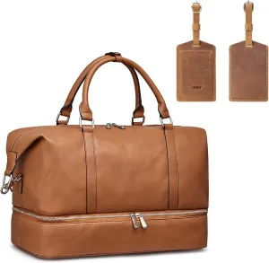 S-ZONE Genuine Leather Weekender Bag Carryon Overnight with 2 Pieces Leather Luggage Label Tags