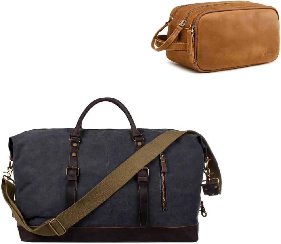S-ZONE Leather Canvas Duffel Bag and Leather Travel Toiletry Bag