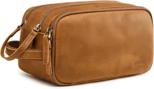 S-ZONE Leather Travel Toiletry Bag for Men Women Traveling Cosmetic Shaving Bags Dopp Kit