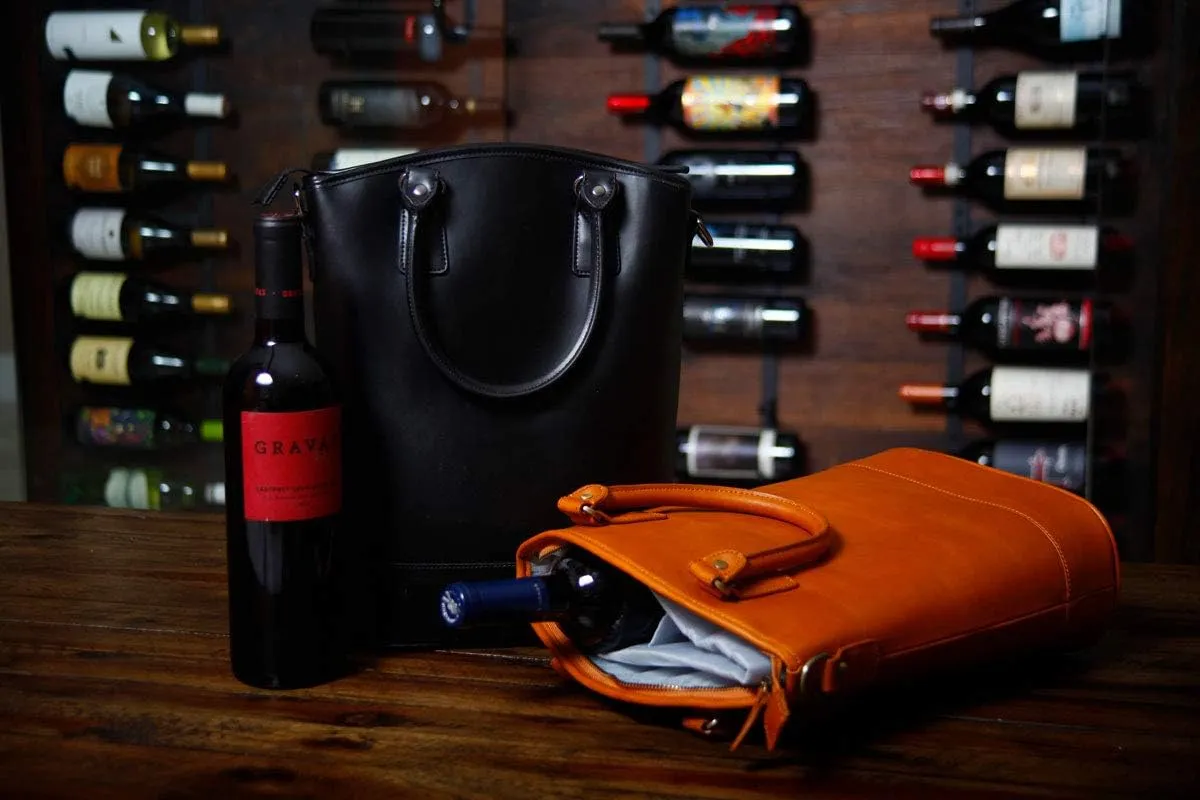 Sachi Insulated 2-Bottle Leather Wine Tote Bag Black