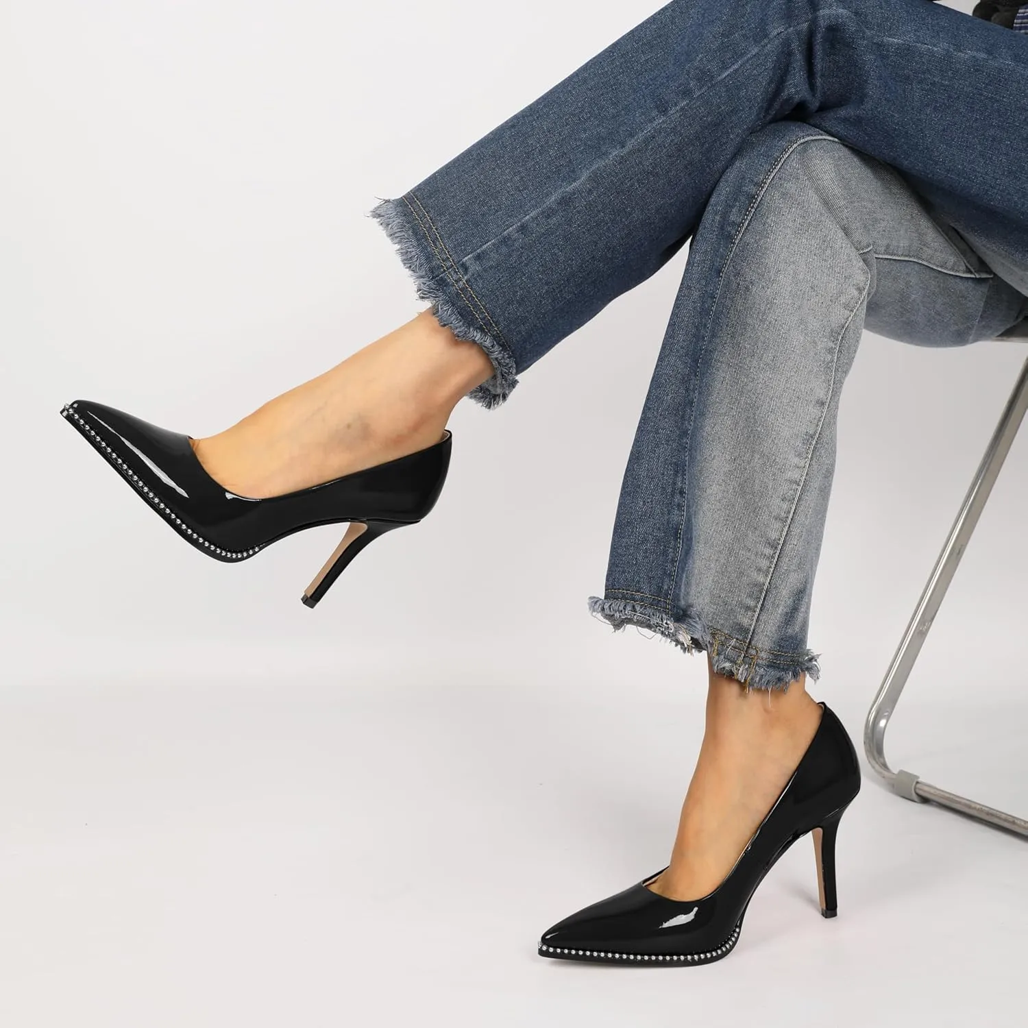SAMMITOP Women Beaded Pumps Closed Pointed Toe High Heel Slip On Stilettos 3.5 Inch Sexy Heeled Dress Shoes Patent Leather