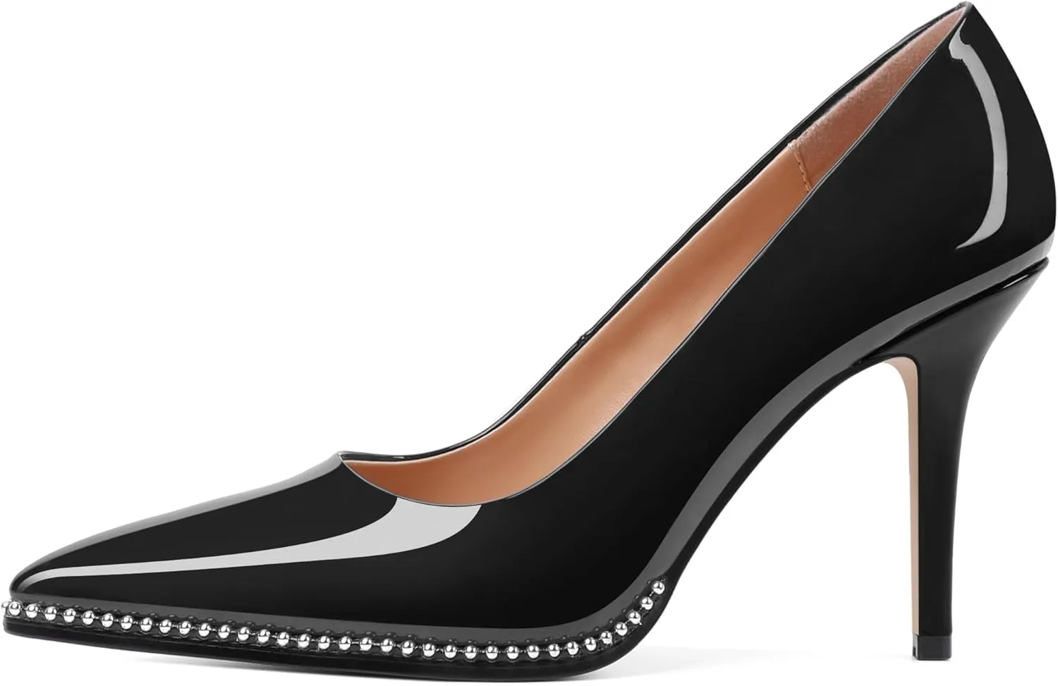 SAMMITOP Women Beaded Pumps Closed Pointed Toe High Heel Slip On Stilettos 3.5 Inch Sexy Heeled Dress Shoes Patent Leather