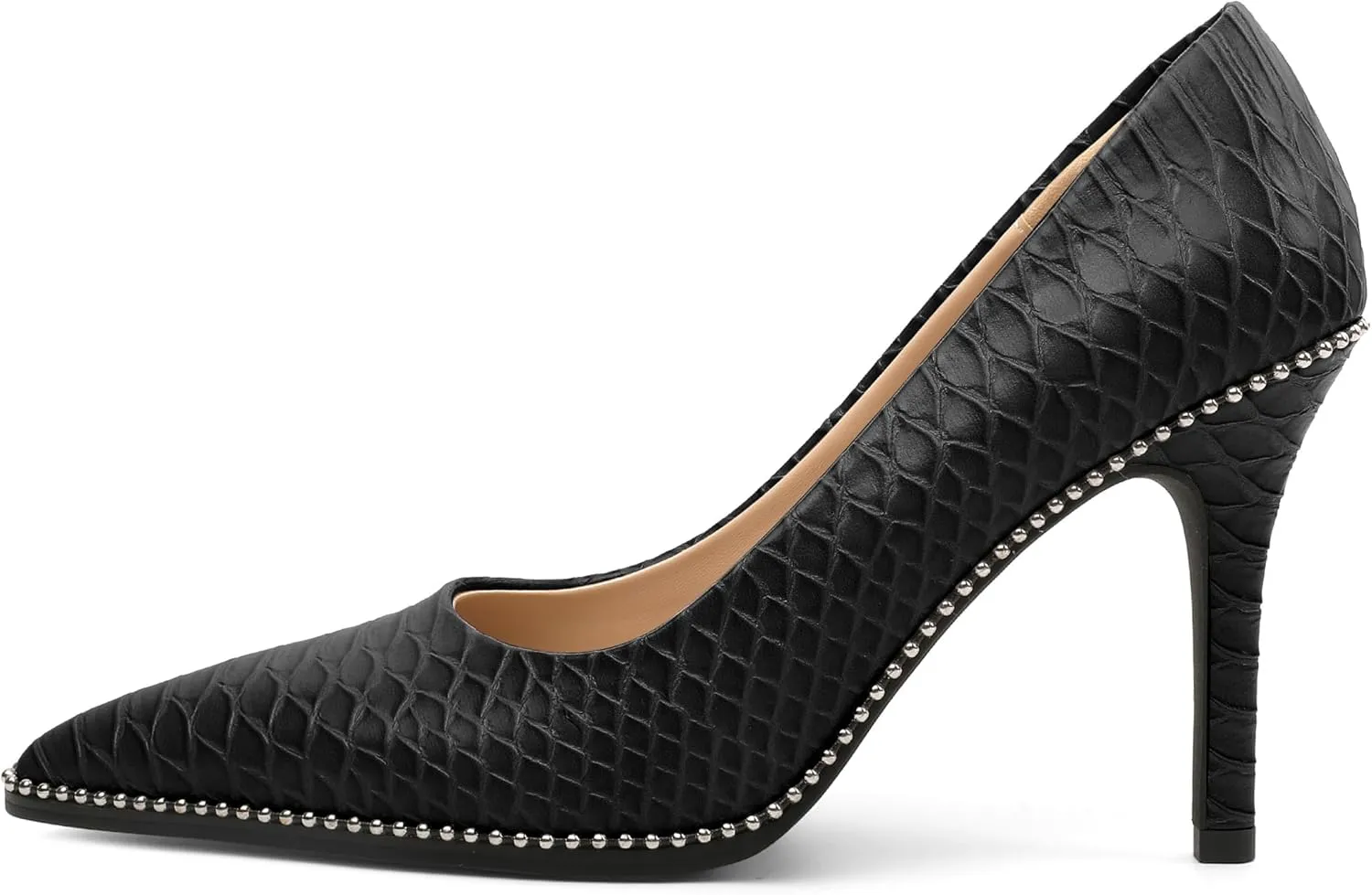 SAMMITOP Women Beaded Pumps Closed Pointed Toe High Heel Slip On Stilettos 3.5 Inch Sexy Heeled Dress Shoes Patent Leather