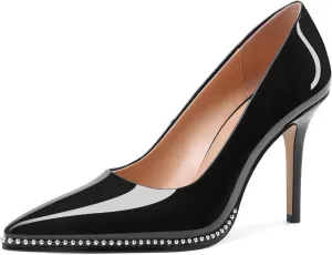 SAMMITOP Women Beaded Pumps Closed Pointed Toe High Heel Slip On Stilettos 3.5 Inch Sexy Heeled Dress Shoes Patent Leather