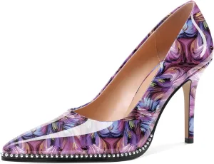 SAMMITOP Women Beaded Pumps Closed Pointed Toe High Heel Slip On Stilettos 3.5 Inch Sexy Heeled Dress Shoes Patent Leather