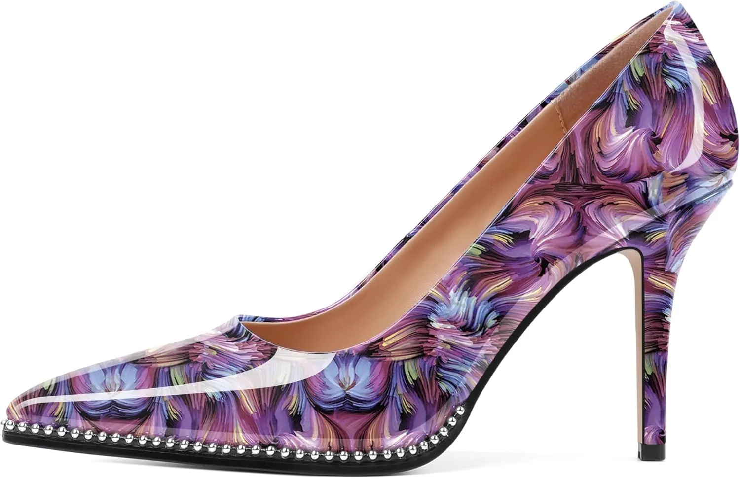 SAMMITOP Women Beaded Pumps Closed Pointed Toe High Heel Slip On Stilettos 3.5 Inch Sexy Heeled Dress Shoes Patent Leather