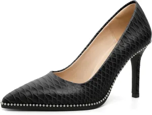 SAMMITOP Women Beaded Pumps Closed Pointed Toe High Heel Slip On Stilettos 3.5 Inch Sexy Heeled Dress Shoes Patent Leather
