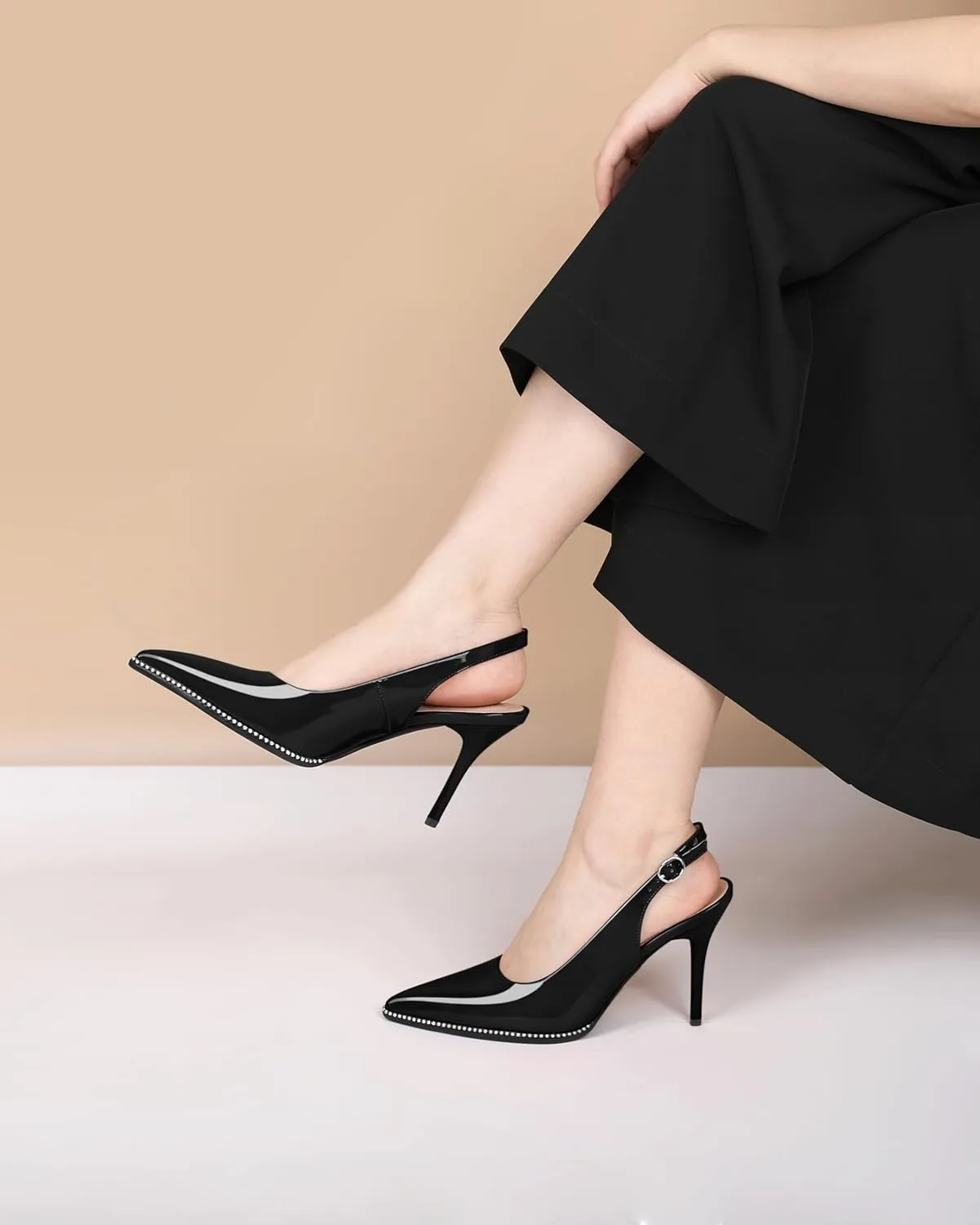 SAMMITOP Women Slingback Heels Stilettos Closed Pointed Toe High Heel Silver Beaded Pumps Comfortable 3.5 Inch High Heels for Women Dressy Shoes
