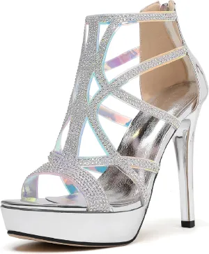 SAMMITOP Women's High Heel Sandals with Rinestones, Sexy Gladiator Platform Sandals, Open Toe Strappy Pumps shoes for Party Event Night Dress