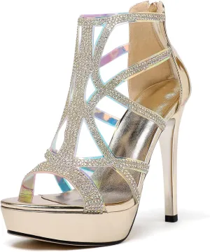 SAMMITOP Women's High Heel Sandals with Rinestones, Sexy Gladiator Platform Sandals, Open Toe Strappy Pumps shoes for Party Event Night Dress
