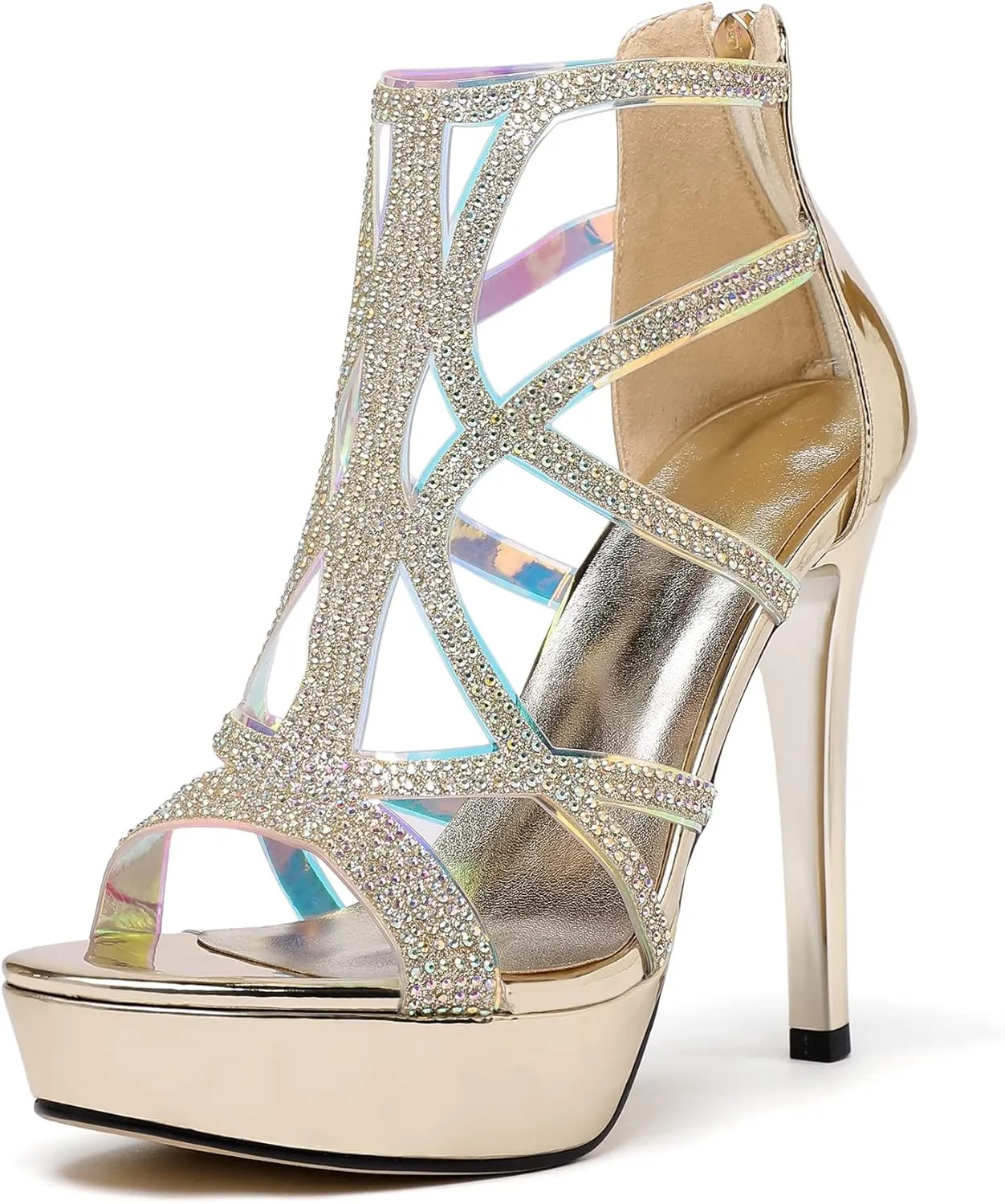 SAMMITOP Women's High Heel Sandals with Rinestones, Sexy Gladiator Platform Sandals, Open Toe Strappy Pumps shoes for Party Event Night Dress