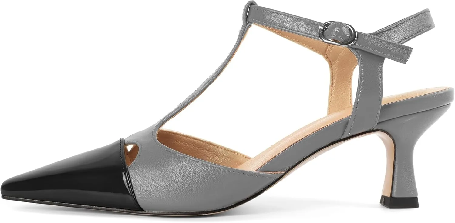 SAMMITOP Womens Kitten Heels T Strap Closed Pointed Toe Pumps Low Heel Ankle Strap Wedding Party Evening Dance Dress Shoes 2.5 Inches