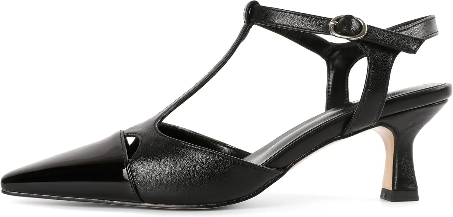 SAMMITOP Womens Kitten Heels T Strap Closed Pointed Toe Pumps Low Heel Ankle Strap Wedding Party Evening Dance Dress Shoes 2.5 Inches