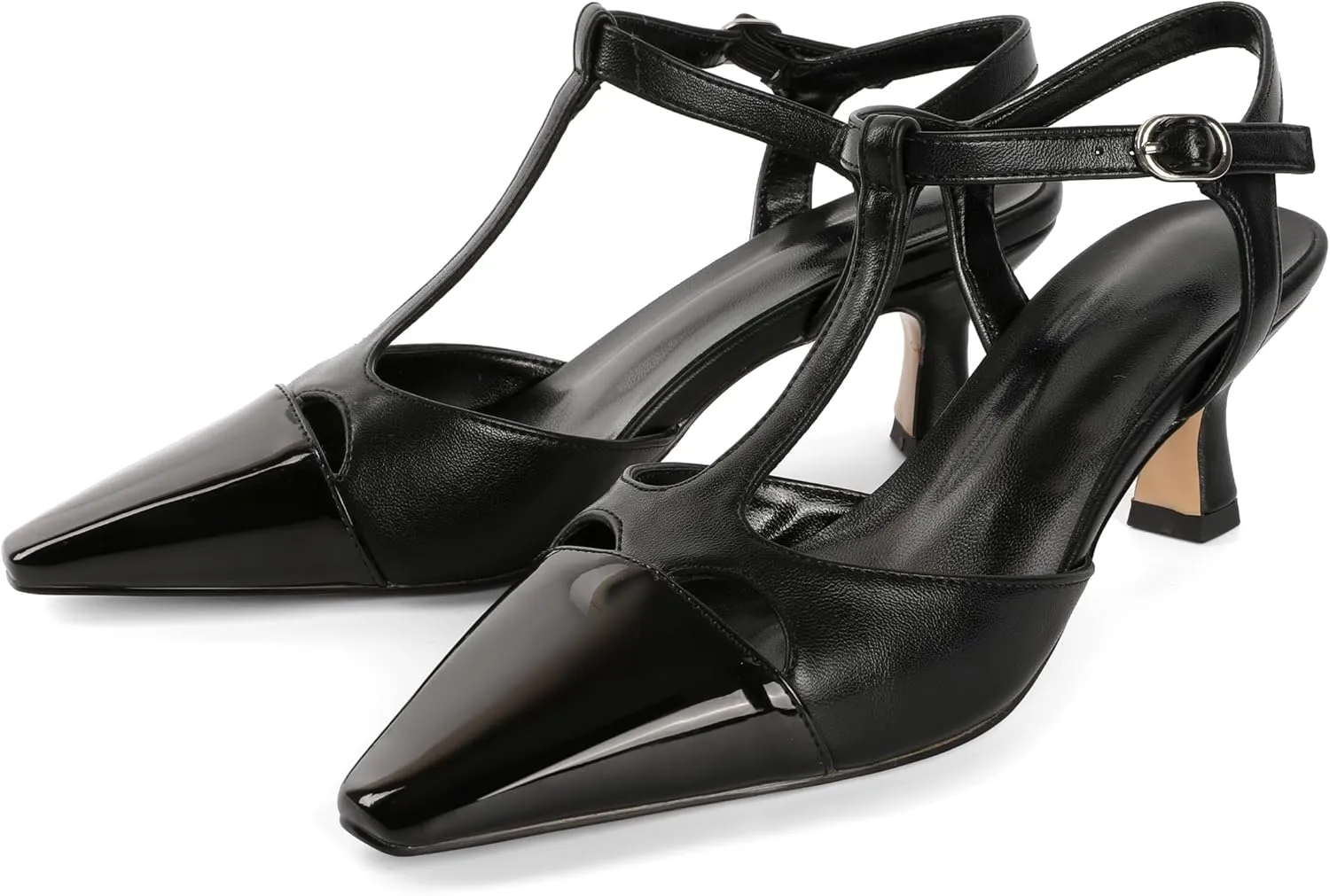 SAMMITOP Womens Kitten Heels T Strap Closed Pointed Toe Pumps Low Heel Ankle Strap Wedding Party Evening Dance Dress Shoes 2.5 Inches