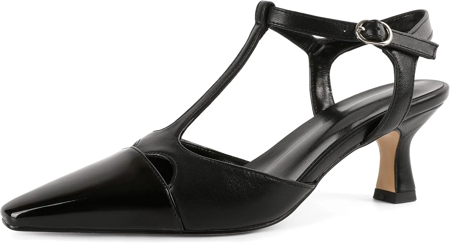 SAMMITOP Womens Kitten Heels T Strap Closed Pointed Toe Pumps Low Heel Ankle Strap Wedding Party Evening Dance Dress Shoes 2.5 Inches