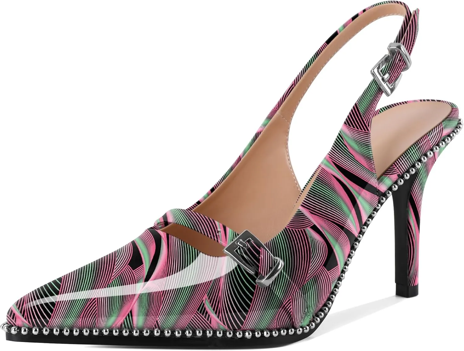 SAMMITOP Women's Slingback High Heels Closed Pointed Toe Beaded Pumps Stilettos Buckle Party Wedding Dance Prom Dressy Comfort Shoes 3.5 Inch