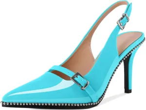 SAMMITOP Women's Slingback High Heels Closed Pointed Toe Beaded Pumps Stilettos Buckle Party Wedding Dance Prom Dressy Comfort Shoes 3.5 Inch