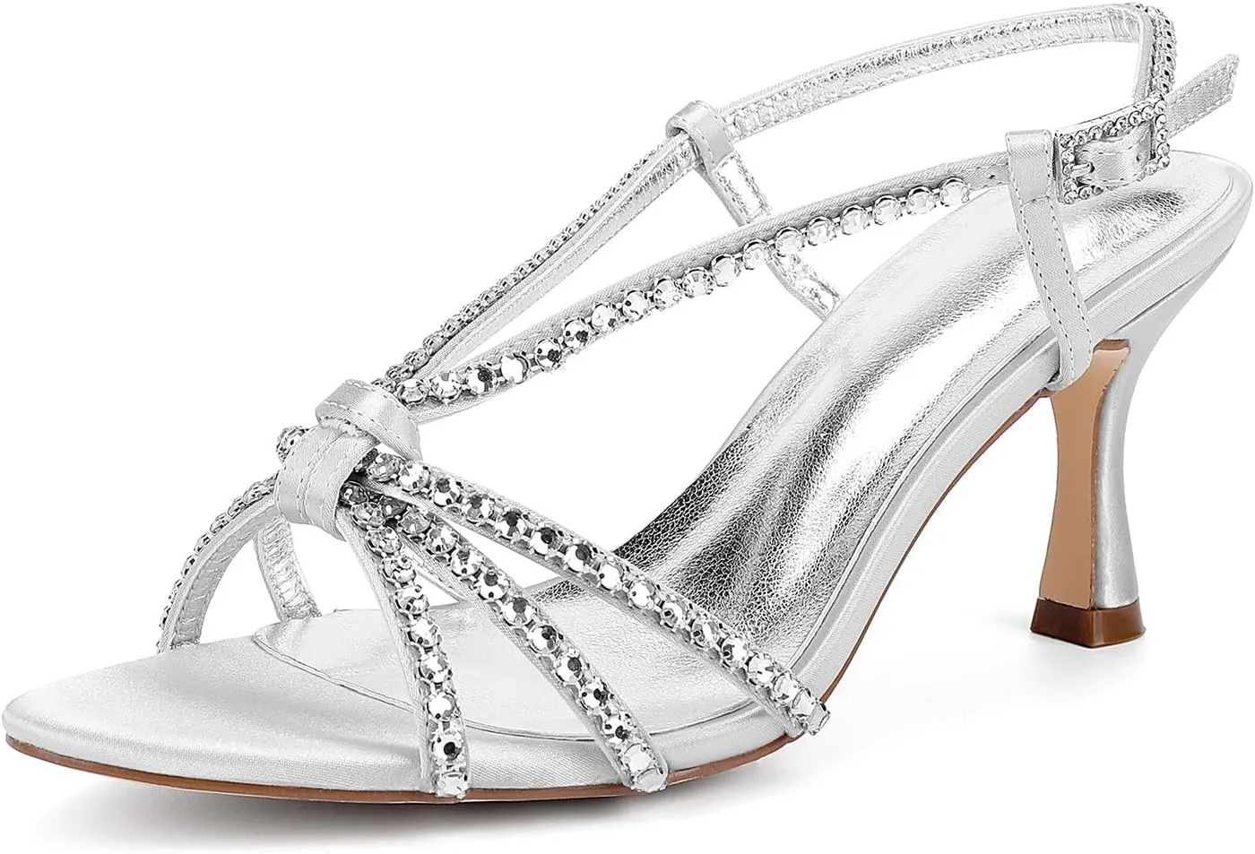 Sandals Women's Open Toe Ankle Buckle Pump 7CM Rhinestones Bridal Wedding Heels Shoes Slingback Kitten Heel Beach Satin for Prom Party