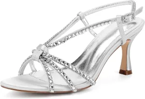 Sandals Women's Open Toe Ankle Buckle Pump 7CM Rhinestones Bridal Wedding Heels Shoes Slingback Kitten Heel Beach Satin for Prom Party