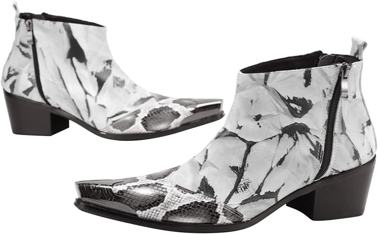 Santimon Mens Chelsea Boots Dress Casual Party Metal Tip Toe Genuine Leather Double Zipper Snake Skin Texture Ankle Boots Fashion Western Cowboy Disco Ballroom Wedding Prom Chukka Boots