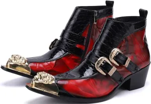 Santimon Men's Chelsea Boots - Genuine Leather Western Ankle Boots with Metal Tip-Toe, Zipper & Buckle - Two-Tone Dress & Casual Boots for Party, Disco & Singer