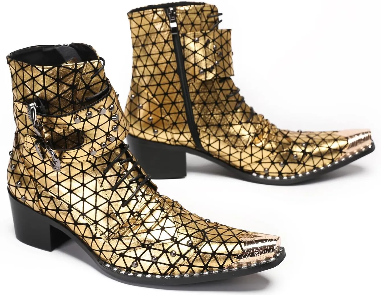 Santimon Men's Genuine Leather Cowboy Boots – Western Dress Boots with Metal Wingtip Toe & Buckle/Bead Details | Mid-Top Boots for Casual, Party & Motorcycle Wear | Rock, Prom & Ballroom Style