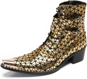 Santimon Men's Genuine Leather Cowboy Boots – Western Dress Boots with Metal Wingtip Toe & Buckle/Bead Details | Mid-Top Boots for Casual, Party & Motorcycle Wear | Rock, Prom & Ballroom Style