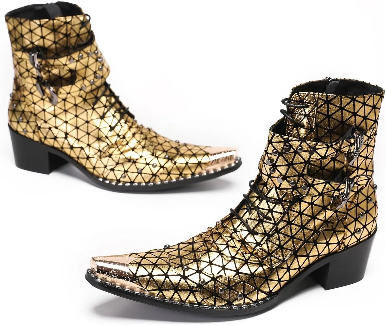 Santimon Men's Genuine Leather Cowboy Boots – Western Dress Boots with Metal Wingtip Toe & Buckle/Bead Details | Mid-Top Boots for Casual, Party & Motorcycle Wear | Rock, Prom & Ballroom Style