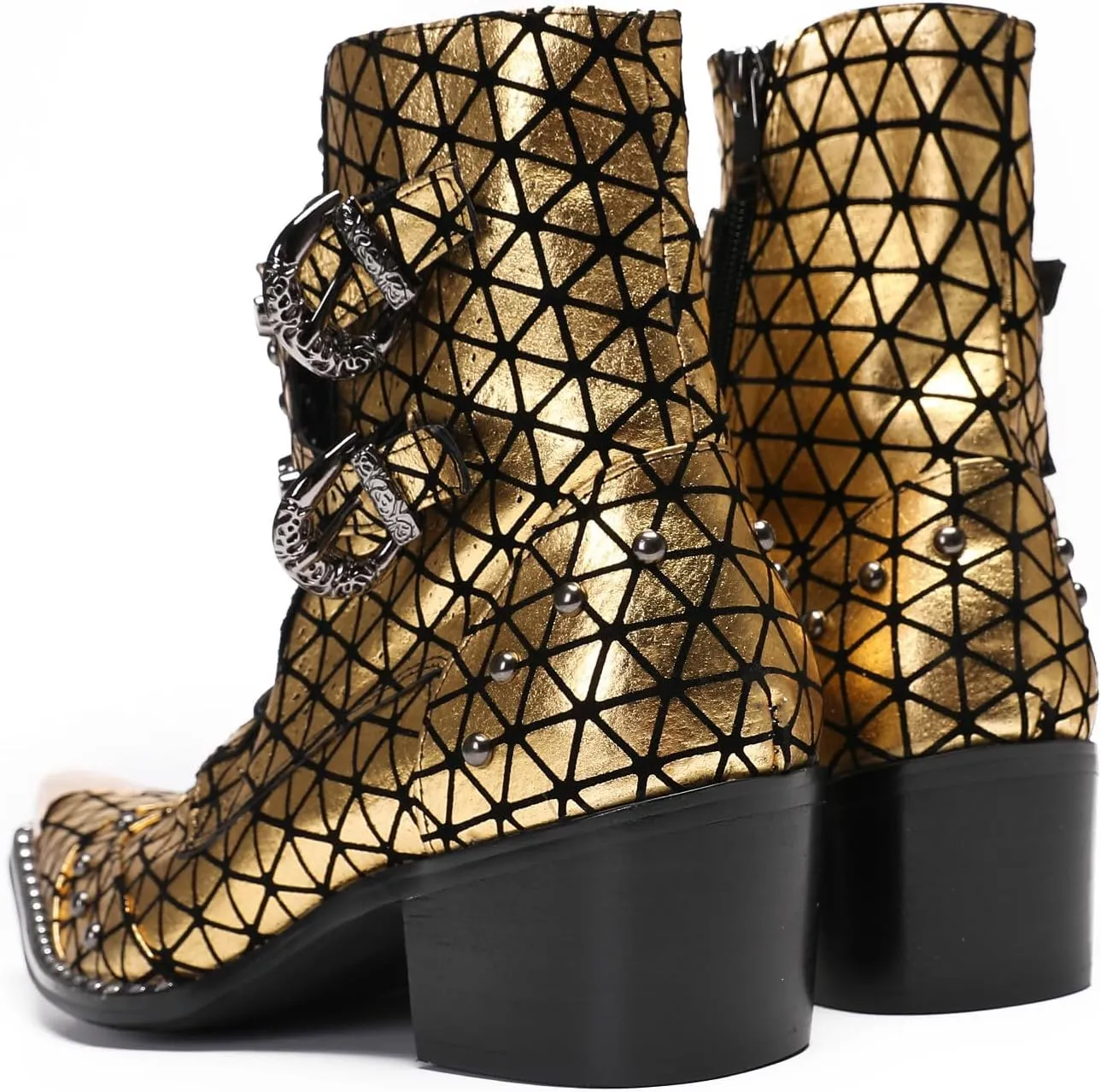 Santimon Men's Genuine Leather Cowboy Boots – Western Dress Boots with Metal Wingtip Toe & Buckle/Bead Details | Mid-Top Boots for Casual, Party & Motorcycle Wear | Rock, Prom & Ballroom Style