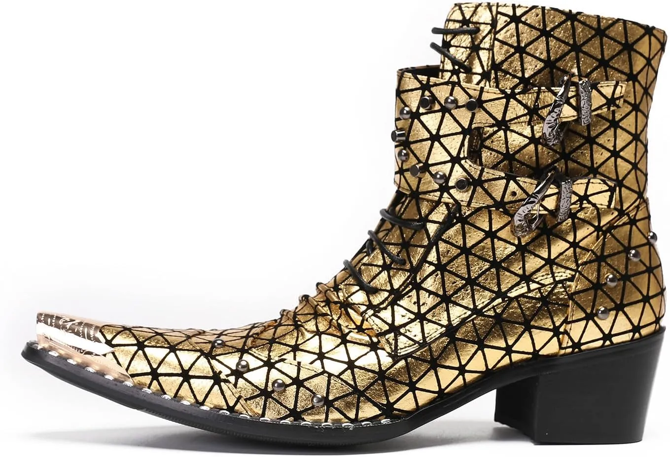 Santimon Men's Genuine Leather Cowboy Boots – Western Dress Boots with Metal Wingtip Toe & Buckle/Bead Details | Mid-Top Boots for Casual, Party & Motorcycle Wear | Rock, Prom & Ballroom Style