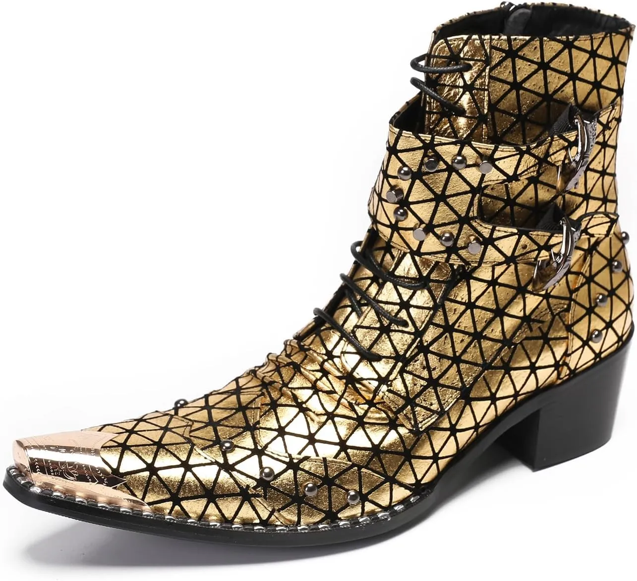 Santimon Men's Genuine Leather Cowboy Boots – Western Dress Boots with Metal Wingtip Toe & Buckle/Bead Details | Mid-Top Boots for Casual, Party & Motorcycle Wear | Rock, Prom & Ballroom Style