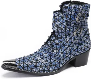 Santimon Men's Genuine Leather Cowboy Boots – Western Dress Boots with Metal Wingtip Toe & Buckle/Bead Details | Mid-Top Boots for Casual, Party & Motorcycle Wear | Rock, Prom & Ballroom Style