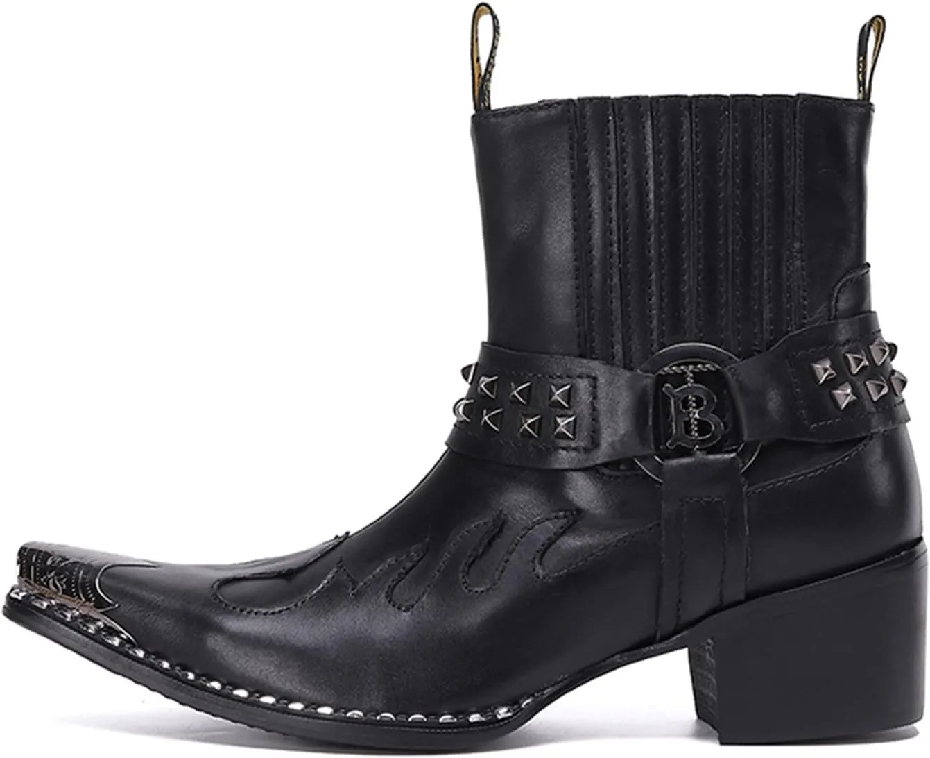 Santimon Men's Genuine Leather Western Chelsea Cowboy Boots | Mid-Top with Metallic Wingtip Toe & Snakeskin Buckle | Dress-to-Casual for Stage, Neon Nights