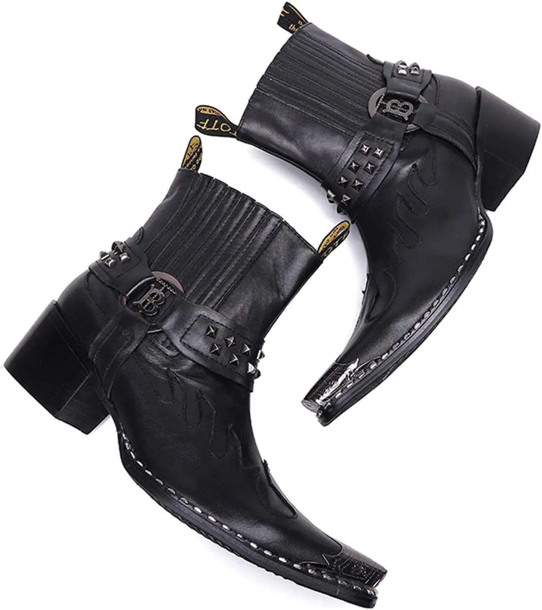Santimon Men's Genuine Leather Western Chelsea Cowboy Boots | Mid-Top with Metallic Wingtip Toe & Snakeskin Buckle | Dress-to-Casual for Stage, Neon Nights