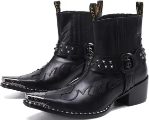 Santimon Men's Genuine Leather Western Chelsea Cowboy Boots | Mid-Top with Metallic Wingtip Toe & Snakeskin Buckle | Dress-to-Casual for Stage, Neon Nights
