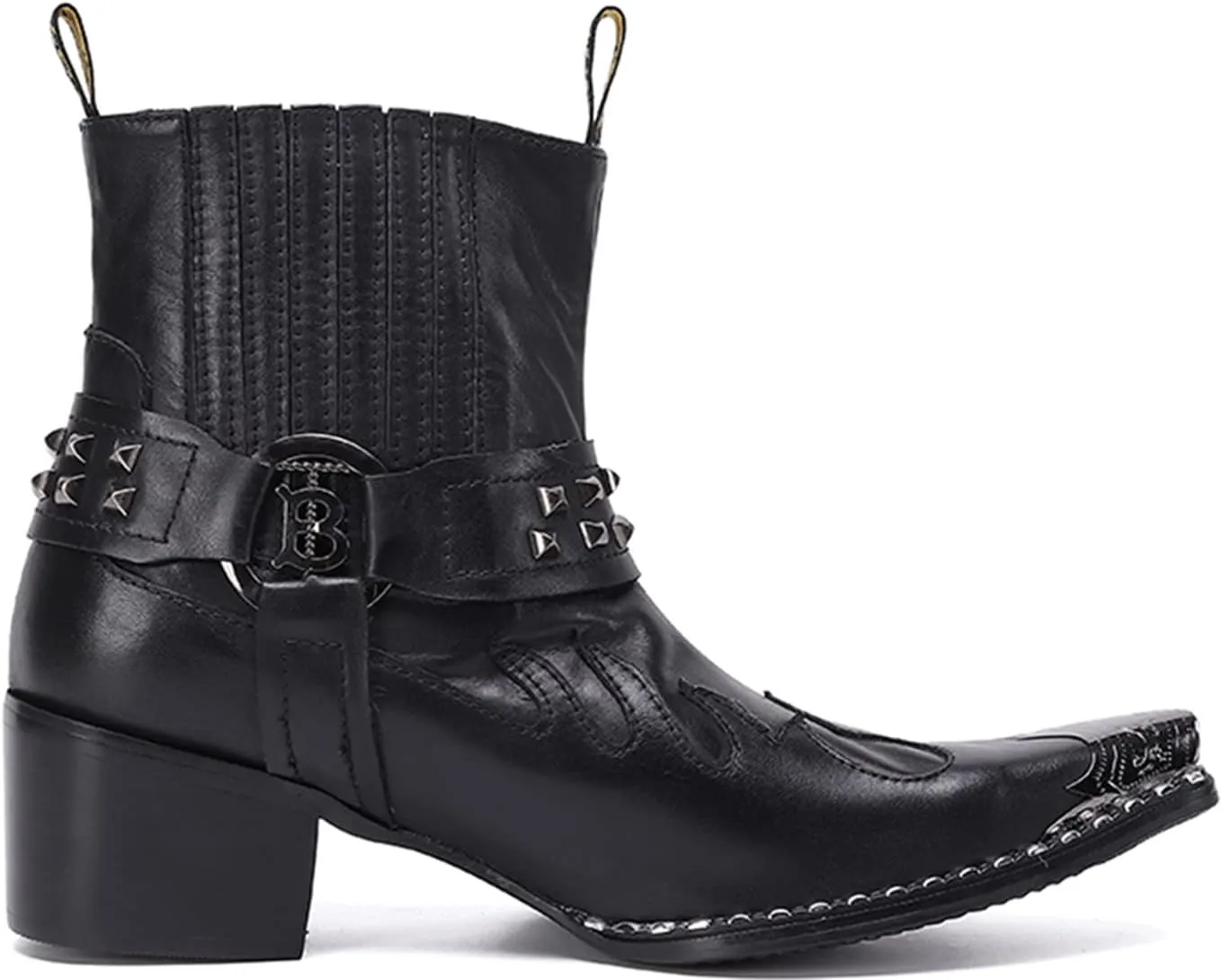 Santimon Men's Genuine Leather Western Chelsea Cowboy Boots | Mid-Top with Metallic Wingtip Toe & Snakeskin Buckle | Dress-to-Casual for Stage, Neon Nights