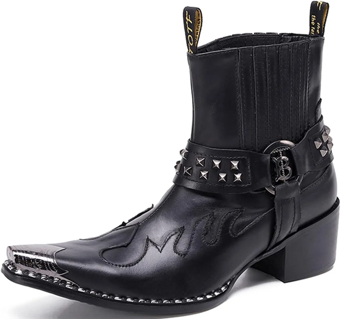 Santimon Men's Genuine Leather Western Chelsea Cowboy Boots | Mid-Top with Metallic Wingtip Toe & Snakeskin Buckle | Dress-to-Casual for Stage, Neon Nights