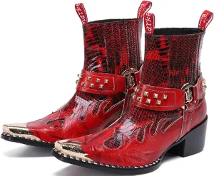 Santimon Men's Genuine Leather Western Chelsea Cowboy Boots | Mid-Top with Metallic Wingtip Toe & Snakeskin Buckle | Dress-to-Casual for Stage, Neon Nights