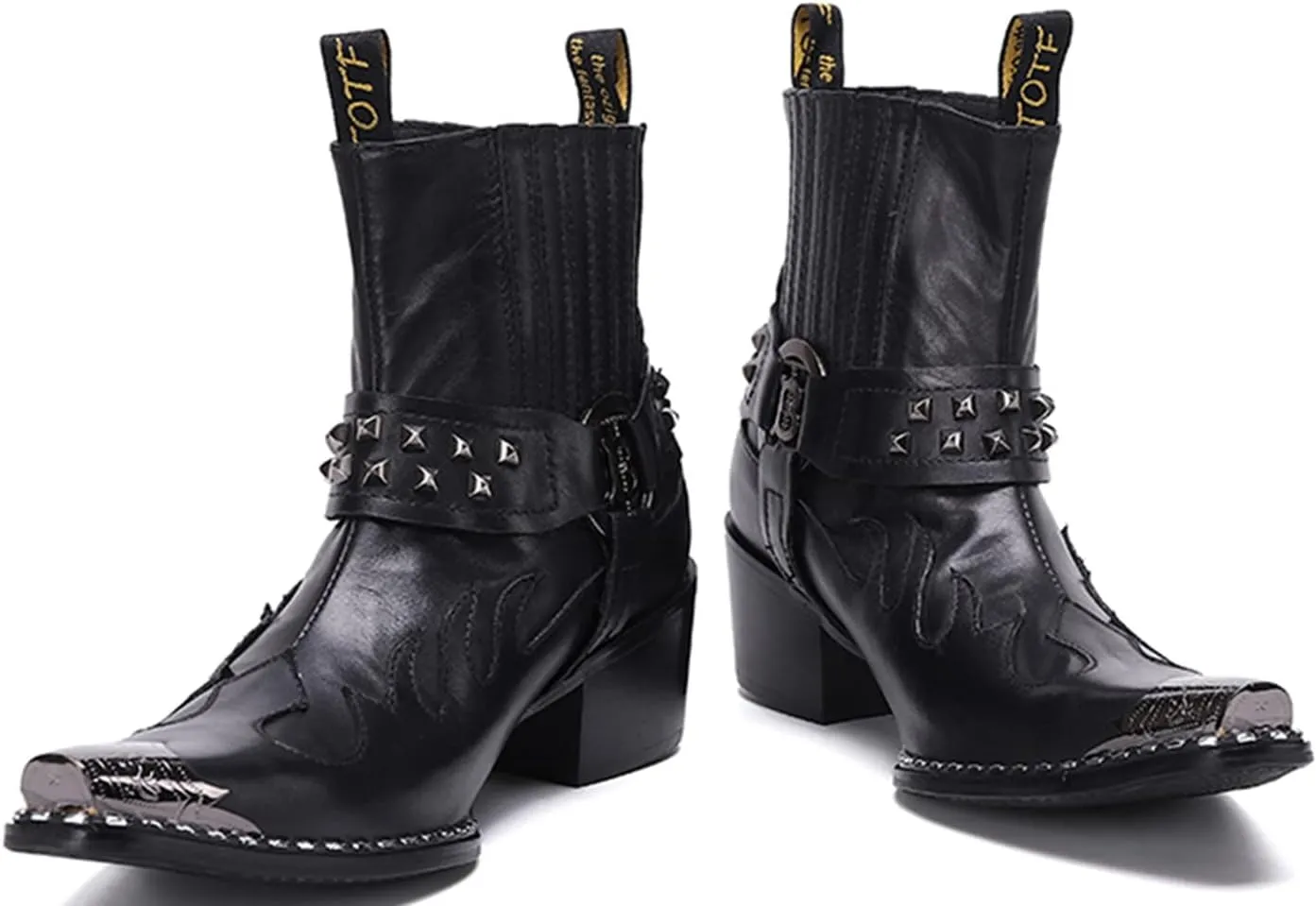 Santimon Men's Genuine Leather Western Chelsea Cowboy Boots | Mid-Top with Metallic Wingtip Toe & Snakeskin Buckle | Dress-to-Casual for Stage, Neon Nights