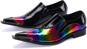 Santimon Mens Loafer Shoes Formal Dress Prom Rainbow Burnished Genuine Leather Lined Rivet Metal Cap Tip Sleek Luxury Party Shoes