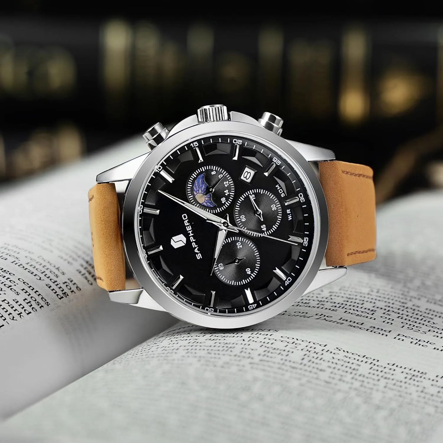 SAPPHERO Men's Watches Stainless Steel Chronograph Waterproof Quartz-Business Casual Dress Watch for Men Luminous Date Gold/Silver/Black Design-Easy-to-Read Luxury Dial-Leather Unique Elegant Gift