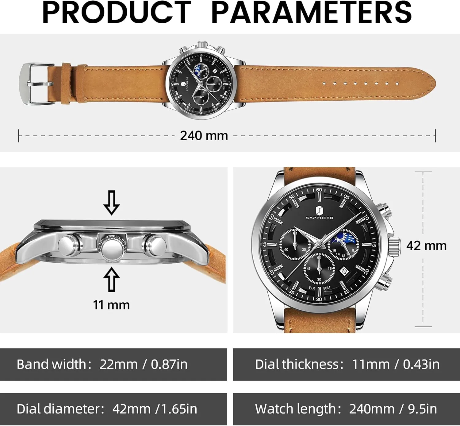 SAPPHERO Men's Watches Stainless Steel Chronograph Waterproof Quartz-Business Casual Dress Watch for Men Luminous Date Gold/Silver/Black Design-Easy-to-Read Luxury Dial-Leather Unique Elegant Gift