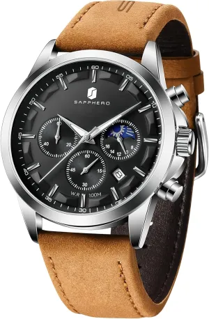 SAPPHERO Men's Watches Stainless Steel Chronograph Waterproof Quartz-Business Casual Dress Watch for Men Luminous Date Gold/Silver/Black Design-Easy-to-Read Luxury Dial-Leather Unique Elegant Gift