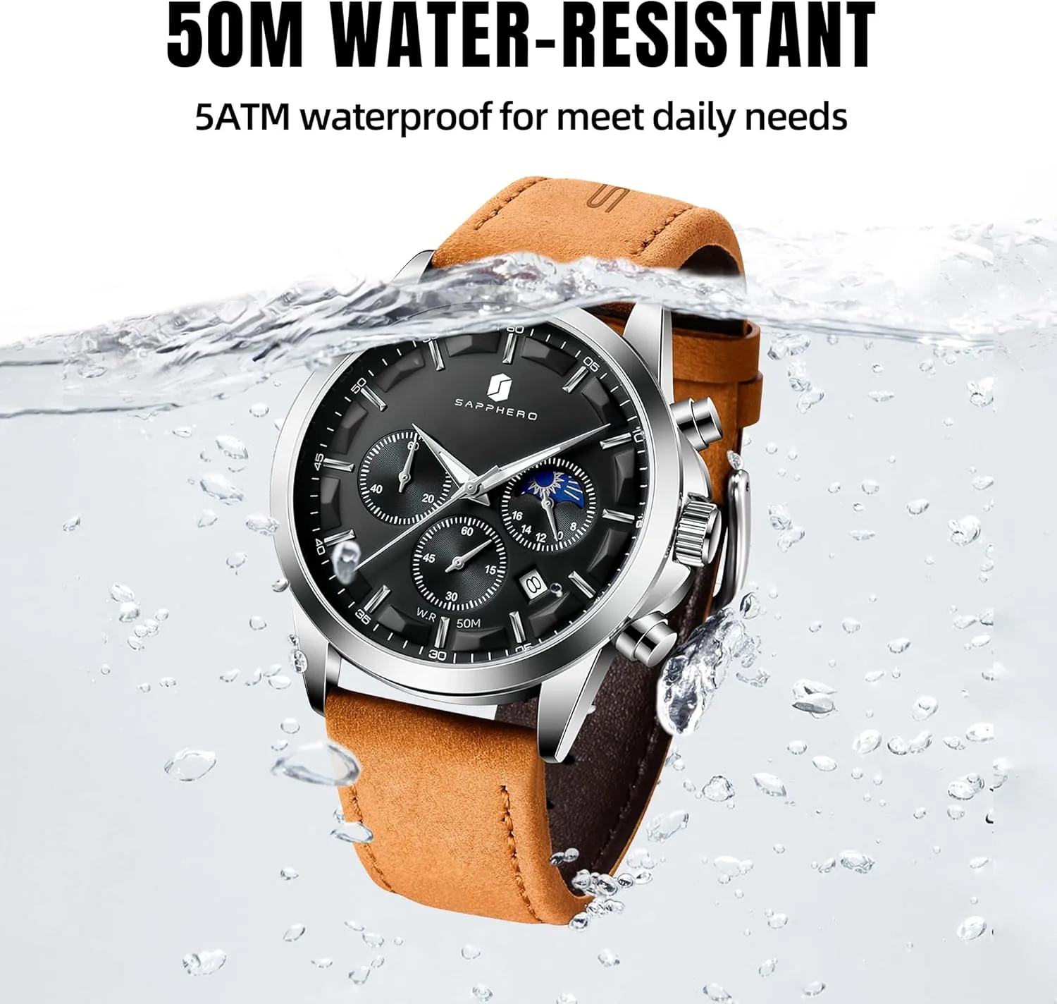 SAPPHERO Men's Watches Stainless Steel Chronograph Waterproof Quartz-Business Casual Dress Watch for Men Luminous Date Gold/Silver/Black Design-Easy-to-Read Luxury Dial-Leather Unique Elegant Gift