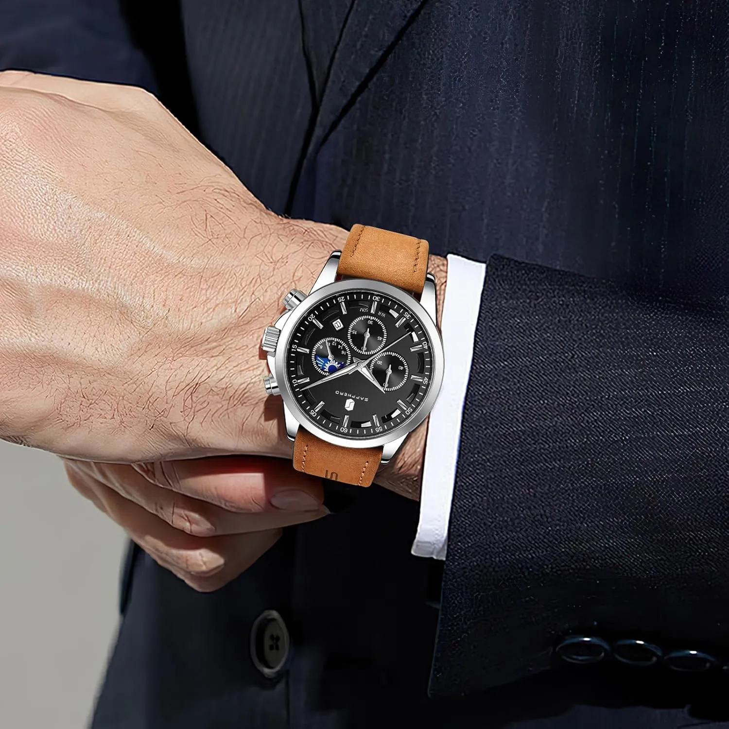 SAPPHERO Men's Watches Stainless Steel Chronograph Waterproof Quartz-Business Casual Dress Watch for Men Luminous Date Gold/Silver/Black Design-Easy-to-Read Luxury Dial-Leather Unique Elegant Gift